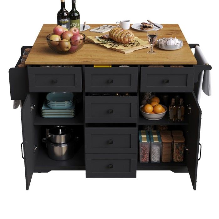 Chariot de cuisine multifonctionnel noir buffet mobile avec rangement spacieux et finition bois pour salon/salle à manger Chariot de cuisine multifonctionnel noir buffet mobile avec rangement spacieux et finition bois pour salon/salle à manger