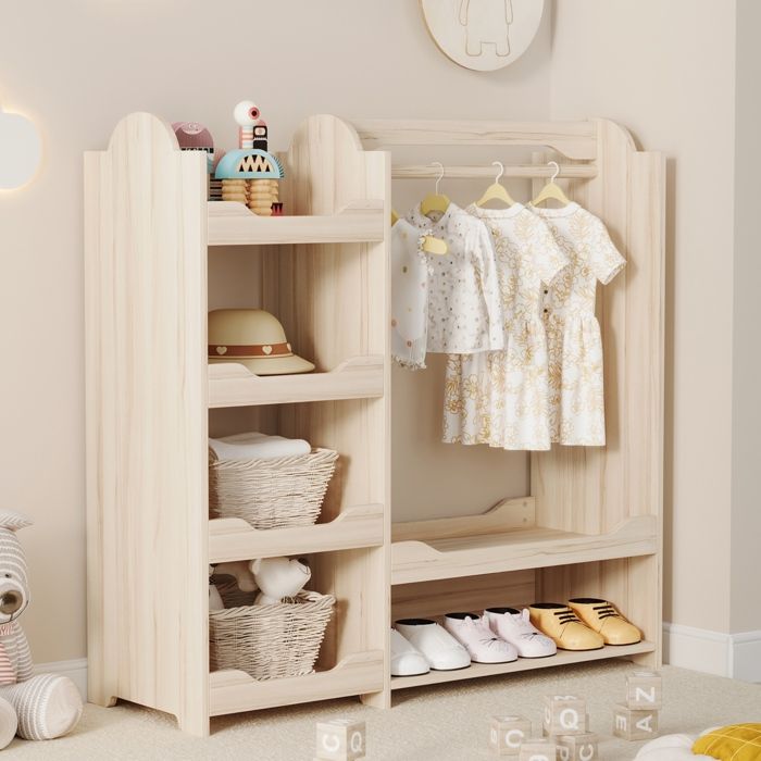 Armoire enfant 110x39x110cm - penderie et 4 roulettes - armoire autoportante - en bois naturel