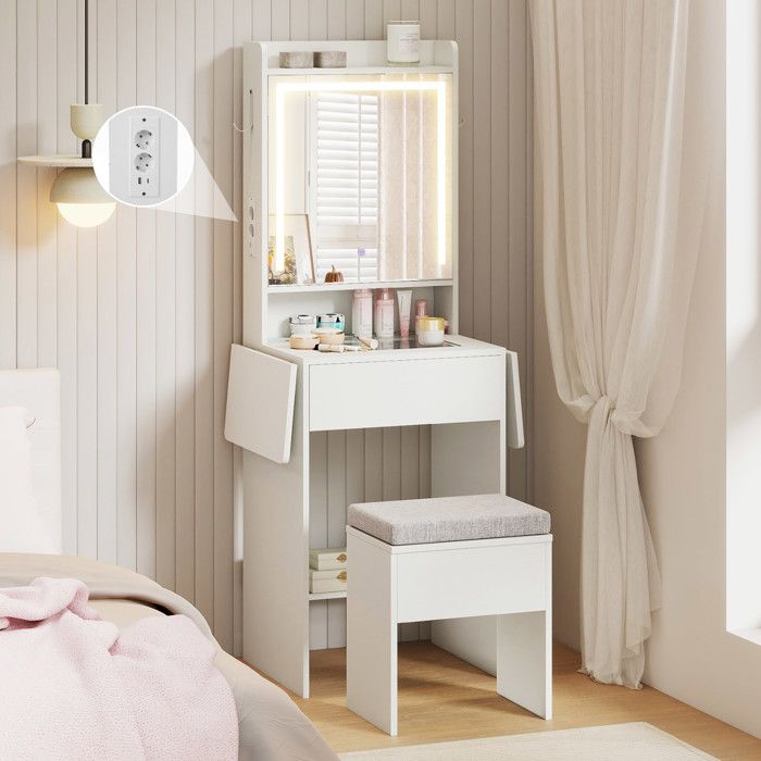 Ensemble Coiffeuse et Tabouret COSTWAY Miroir Lumières Réglable Plateau en Verre Station de Charge Panneaux Rabattables Tiroir Ensemble Coiffeuse et Tabouret COSTWAY Miroir Lumières Réglable Plateau en Verre Station de Charge Panneaux Rabattables Tiroir