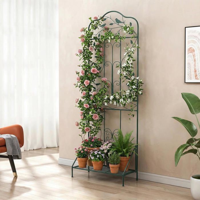 Treillis de Jardin pour Plantes Grimpante COSTWAY Étagère Pliable Dispositif Anti-Basculement Piquets pour Plantes en Pot Vert