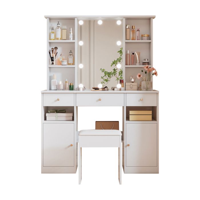 Grande coiffeuse table de maquillage avec éclairage LED réglable avec miroir et tabouret 3 tiroirs et 2 portes 151 x 110 x 40 cm