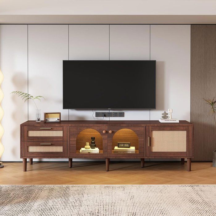 Meuble TV Vintage 180×40×50 cm – 2 Tiroirs Rotin & 2 Portes Vitrées Éclairage LED Banc TV en Bois Marron