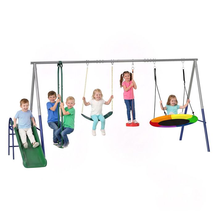 Balançoire Portique Enfants - AIYAPLAY - Toboggan 3 Balançoire Face à Face Hauteur Réglable - Acier - charge 350kg - Multicolore
