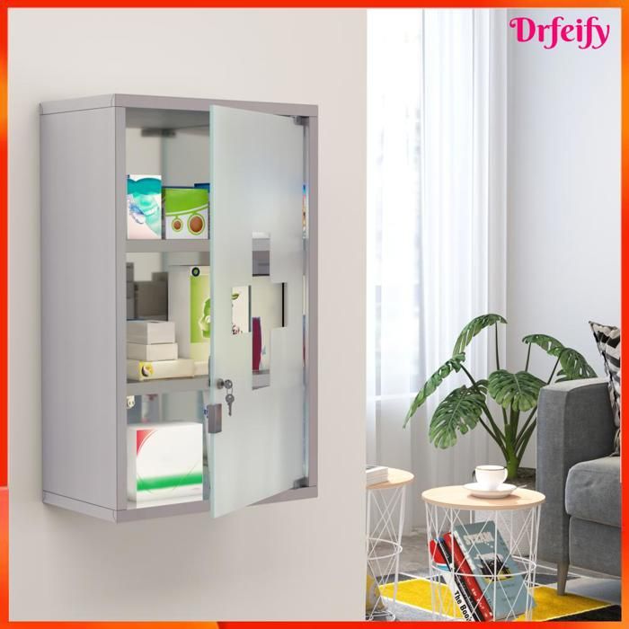 Armoire à pharmacie murale - AKOZON - 8168 - Acier inoxydable 403 - 3 niveaux (2 étagères) - Porte verrouillable (2 clés)