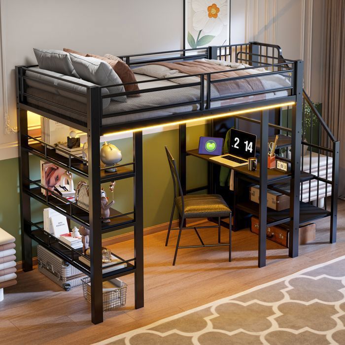 Lit mezzanine - MERAX - avec bureau et bibliothèque à 3 niveaux - LED - 90x200 cm - Escalier rangement - Noir Lit mezzanine - MERAX - avec bureau et bibliothèque à 3 niveaux - LED - 90x200 cm - Escalier rangement - Noir