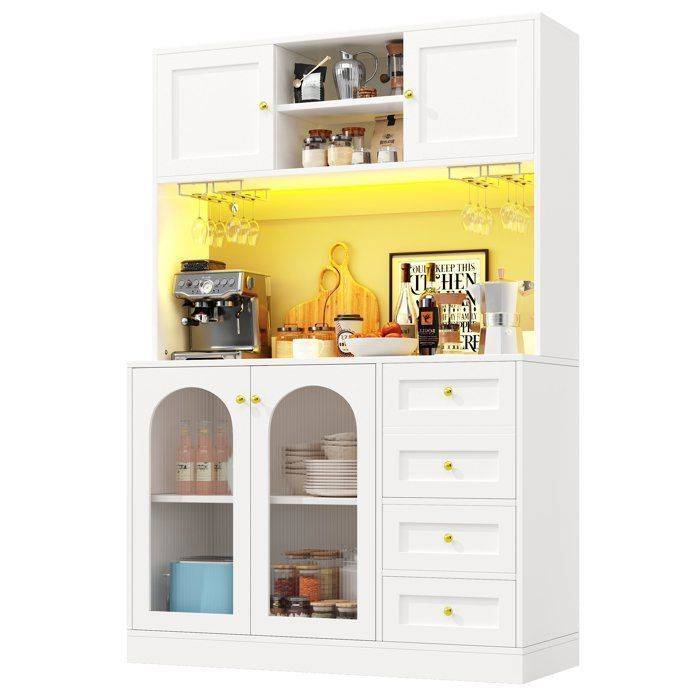 Buffet Moderne avec éclairage LED - Armoire Haute pour Cuisine et Salon - 3 Tiroir et Porte Vitrée 120 x 40 x 188 cm Blanc