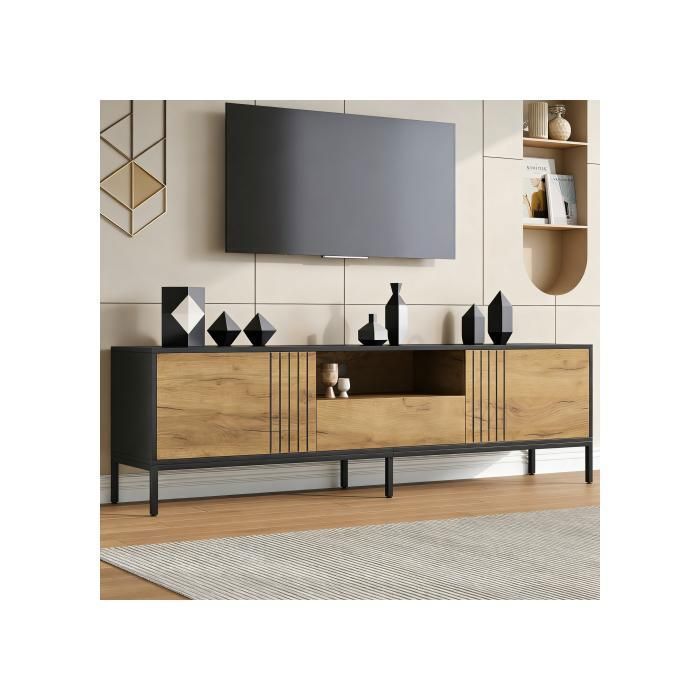 Meuble TV chêne 170x35x50 cm avec 2 portes 1 tiroir niche ouverte grand rangement pour TV jusqu’à 70 pouces