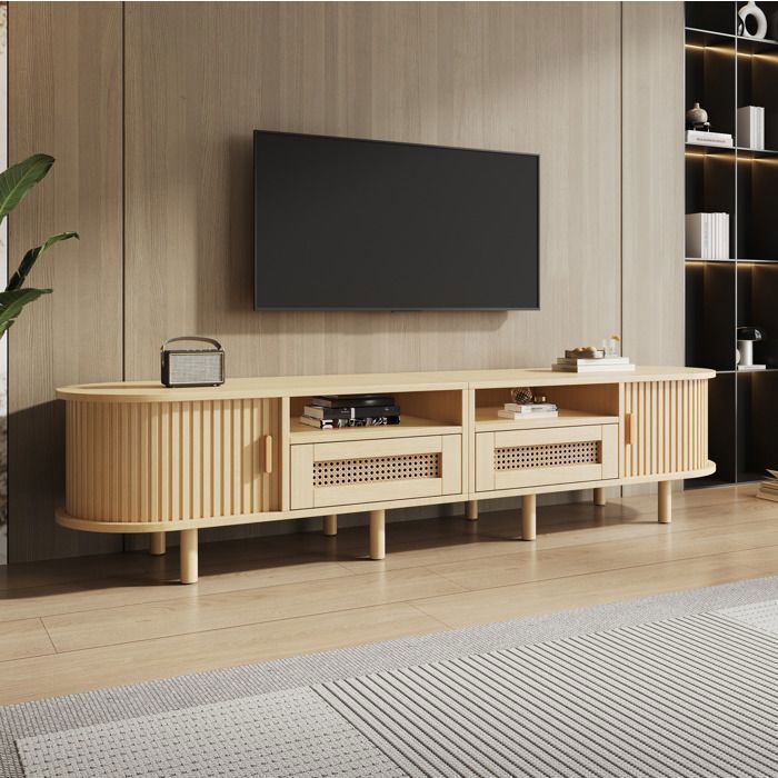 Meuble TV oval chêne clair L 170 x P 40 x H 40 cm 2 tiroirs style rotin 2 portes coulissantes