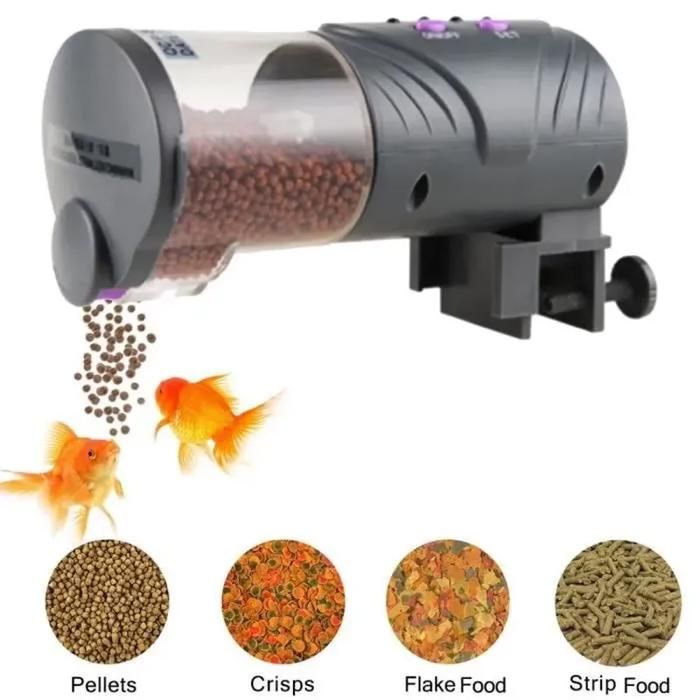Distributeur automatique de nourriture pour aquarium - Micro DC - Programmation 12/24h - Gris - Pour poissons