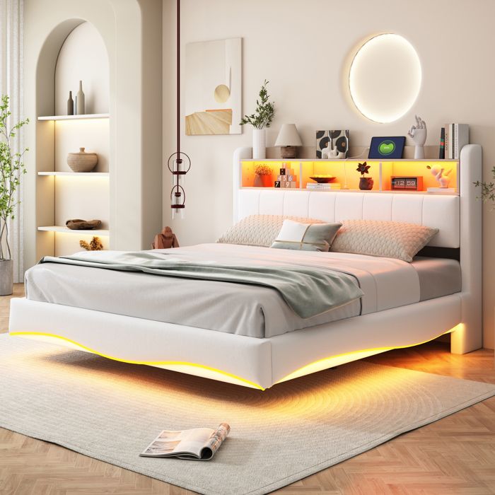 Lit suspendu moderne - Design flottant incurvé - Dimensions 160x200 cm - Tissu en lin résistant