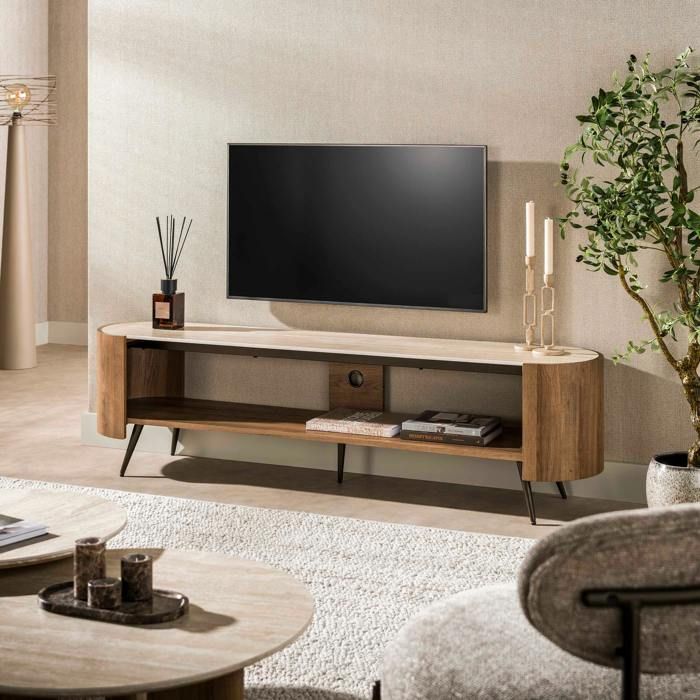 Meuble TV céramique 2 plateaux et pieds obliques ASCOLI