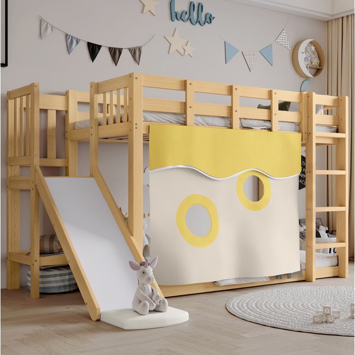 Lit superposé enfant naturel 90×200 cm avec escalier toboggan rideaux barrières matelas non inclus