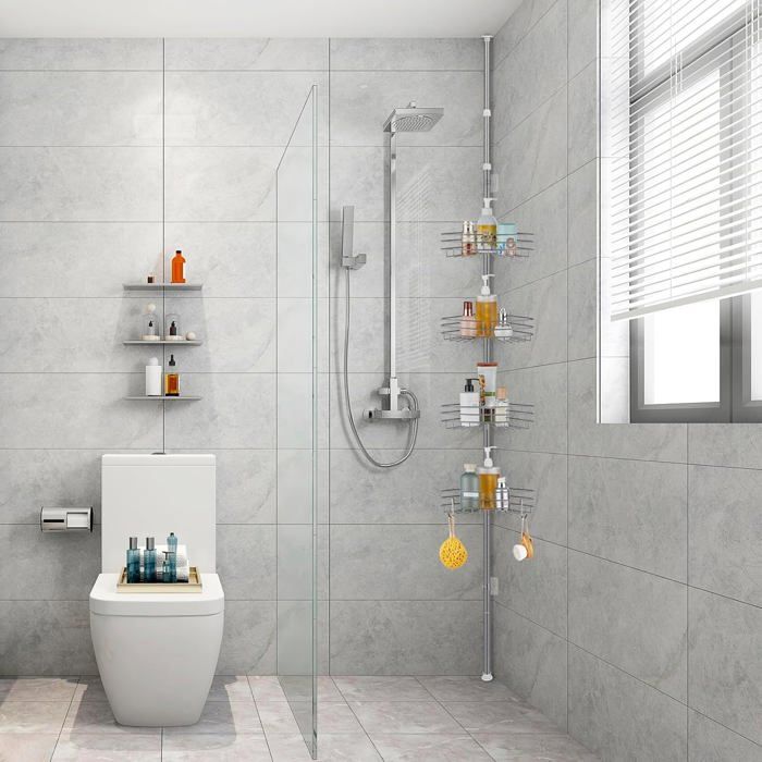 Étagère de douche télescopique - VETOBIOL - Réglable en hauteur 85-325 cm - Sans perçage - 4 paniers de rangement Étagère de douche télescopique - VETOBIOL - Réglable en hauteur 85-325 cm - Sans perçage - 4 paniers de rangement