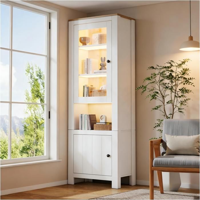 Vitrine Armoire LED - Becag - Armoire haute 70x40x188cm avec 2 portes - Vitrine en verre avec 6 étagères - Blanc+Naturel