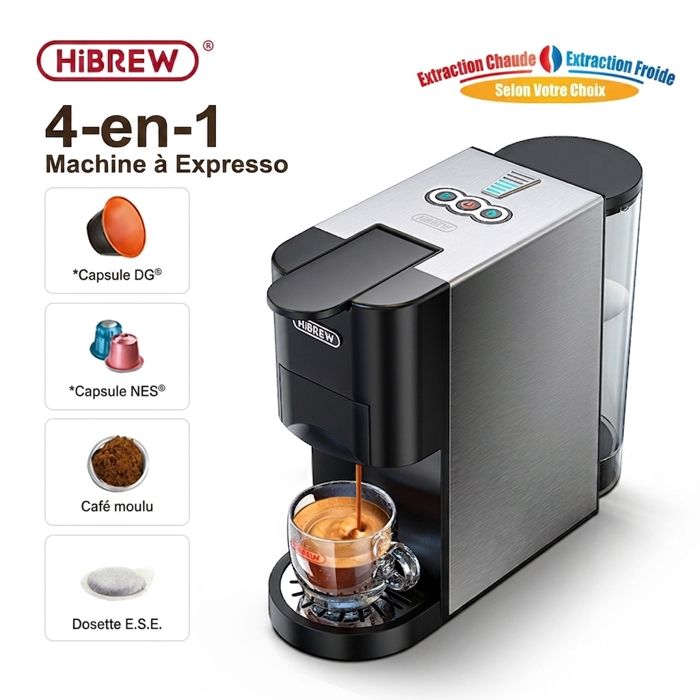HiBREW Machine à Café 4-en-1 Compatible Capsules DG & NES Dosettes E.S.E Café Moulu Chaud/Froid Réservoir 800ml - Hibrew