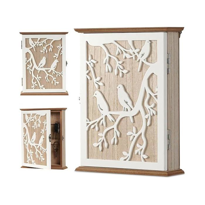 Boîte à Clés en Bois Boite a Clef Decorative Armoire a Clef Murale avec 6 Crochets à Clés pour Entrée Motivo de Pájar PORTE-MANTEAU