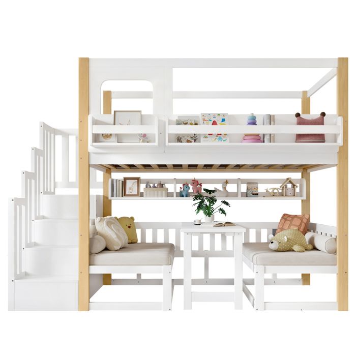 Lit enfant 90x200cm avec bureau multifonction escalier de rangement solide et bibliothèque intégrée blanc et naturel