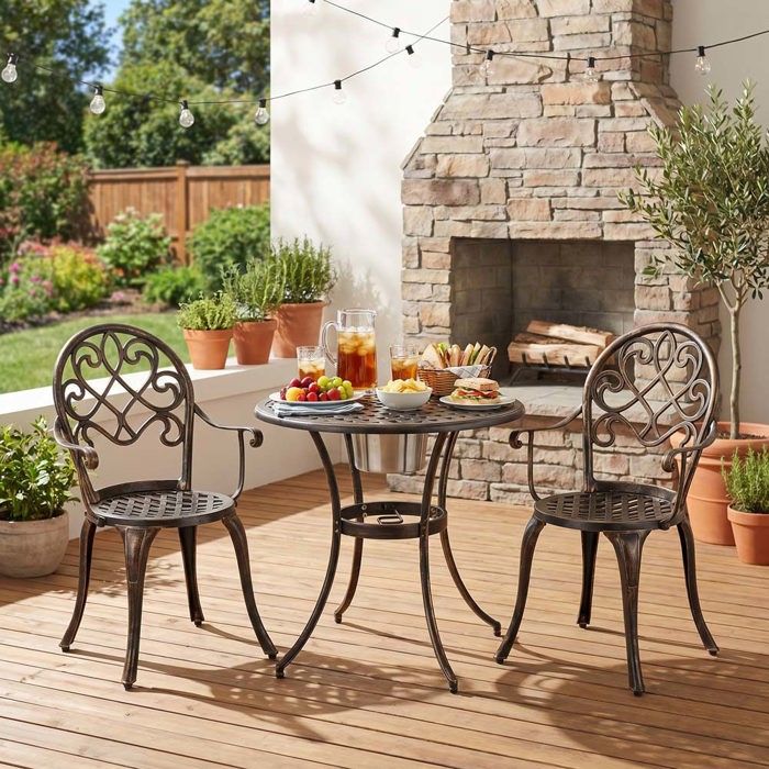 Ensemble de table et chaises de jardin - 2 places - seau à glace amovible - fonte daluminium antirouille - bronze antique