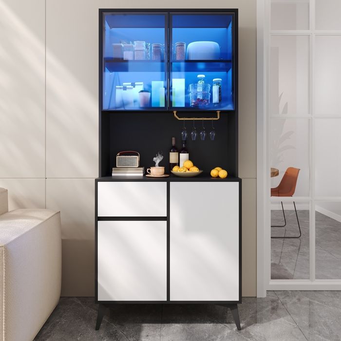 Buffet Haute Vitrine Meuble de Rangement avec Éclairage LED Armoire Cuisine avec 4 Portes 1 Tiroir et Portes en Verre Noir et Blanc