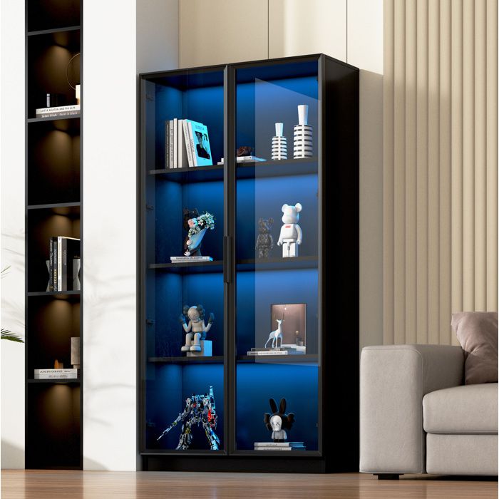 Vitrine Armoire VIVRYN LED APP 2 Portes Verre Cadre Aluminium Panneaux de Particules Noir 80 x 40 x 160 cm