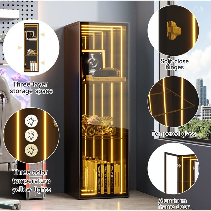 Vitrine noire 30 x 30 x 90 cm en verre trempé et aluminium avec LED 3 compartiments et étagères réglables