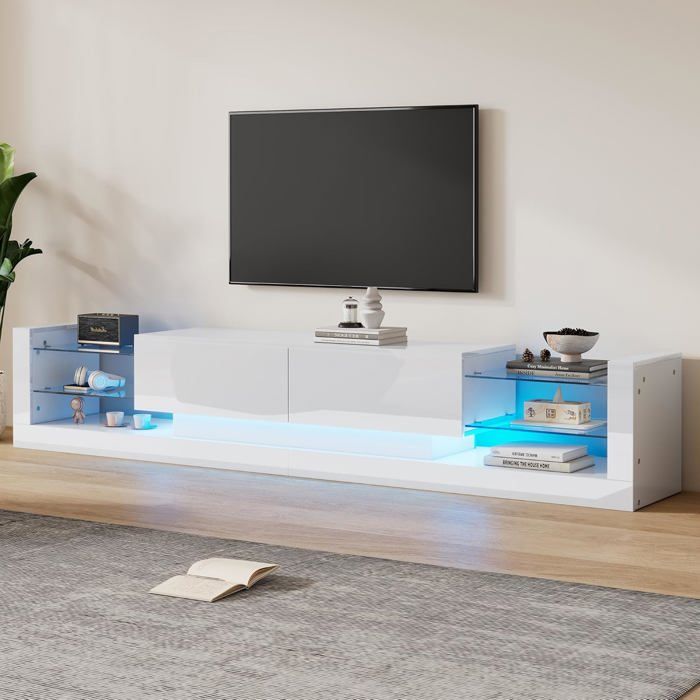 Meuble TV avec LED-Meuble TV Blanc avec Tiroirs et Compartiments-Banc TV en Verre-pour Télévisions jusquà 80 Pouces-181x38x38cm