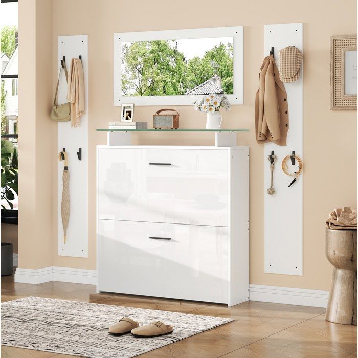 Vestiaire dentrée 4 pièces blanc brillant avec meuble à chaussures miroir et étagère en verre