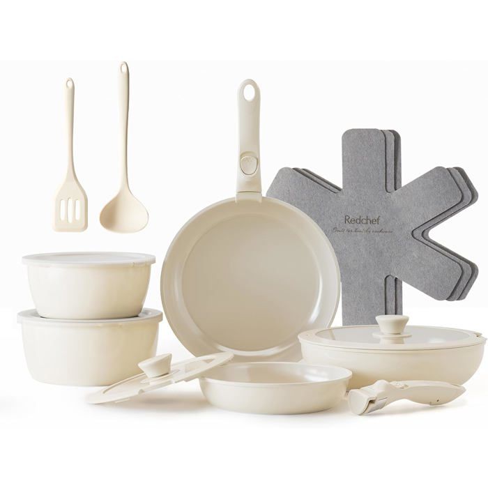 Batterie Cuisine Céramique 16 Pièces Poêles Et Casseroles Antiadhésives Poignée Amovible Induction Sans PFAS Beige