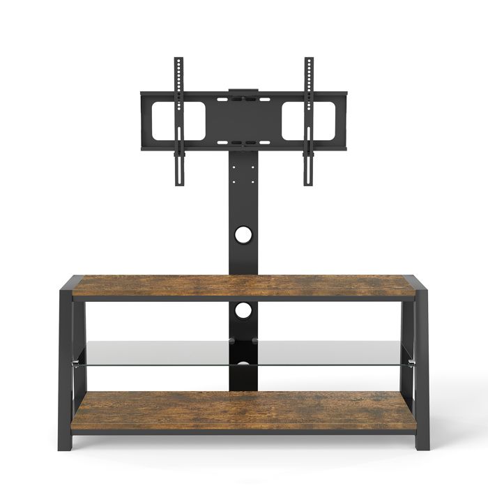 Meuble TV en bois massif façade en verre trempé noir hauteur réglable avec fixation murale couleur marron 116 × 42 × 125 cm