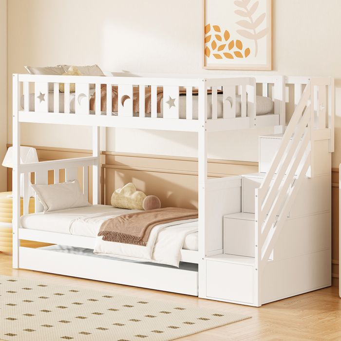 Lit superposé enfant 90x200 cm en bois massif avec lit gigogne 90x190 échelle sécurisée sommier blanc