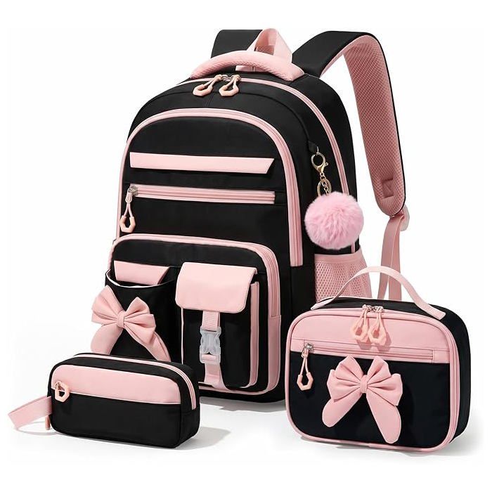 XJYDNCG Cartable Fille Primaire - Imperméable Léger Grand Volume Ensemble Sac + Trousse + Sac Repas - 44x29x21cm - Noir Rose