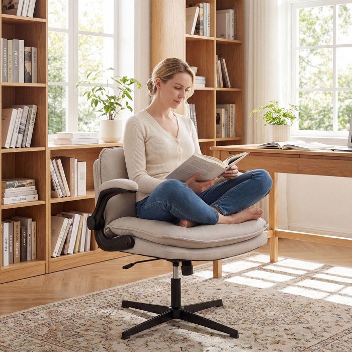 COSTWAY Chaise de Bureau Ergonomique Beige Tissu Accoudoirs Rabattables Réglable Hauteur Vérin Pneumatique Maison