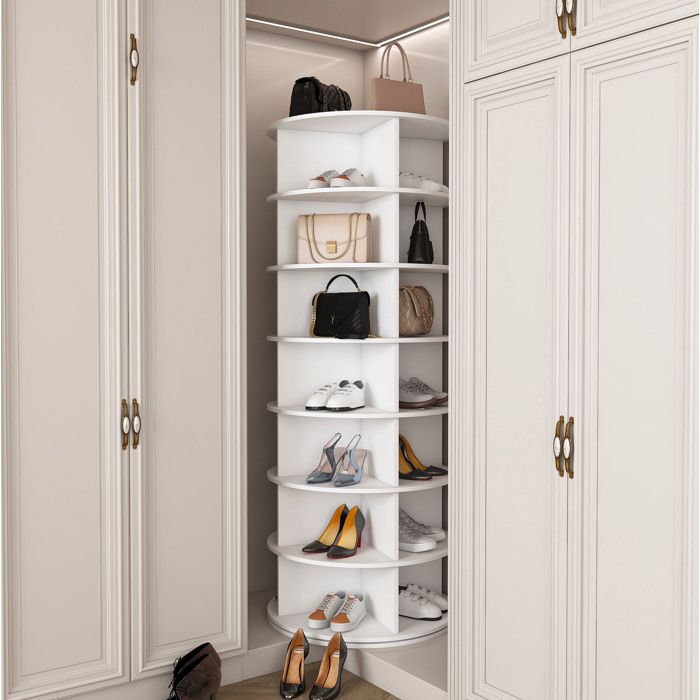 Meuble À Chaussures 7 Niveaux Blanc Étagère Rotative FloraGrace Pour Entrée Montage Sans Outils 60x60x161cm
