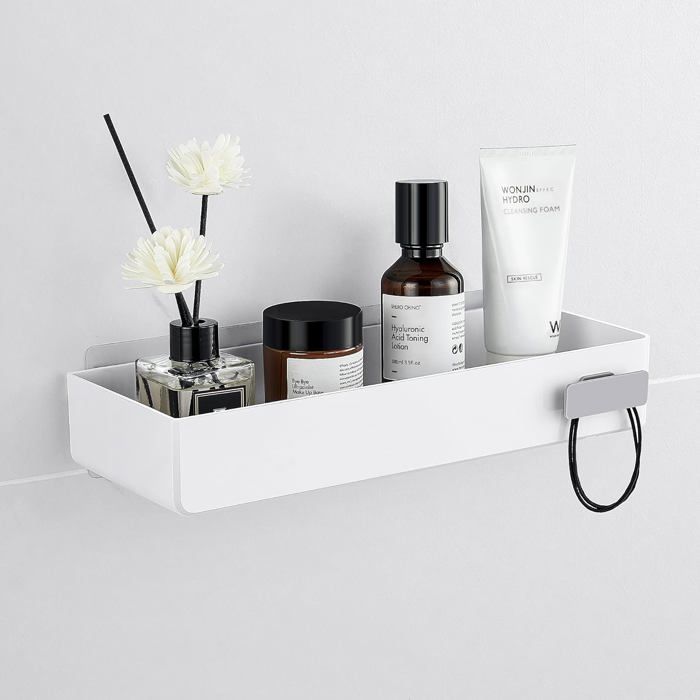 Adhésif Étagère Salle de Bain Sans Percage Blanc Tablette Murale Autocollante Etagère Flottante Douche Plastique Etagere a coller