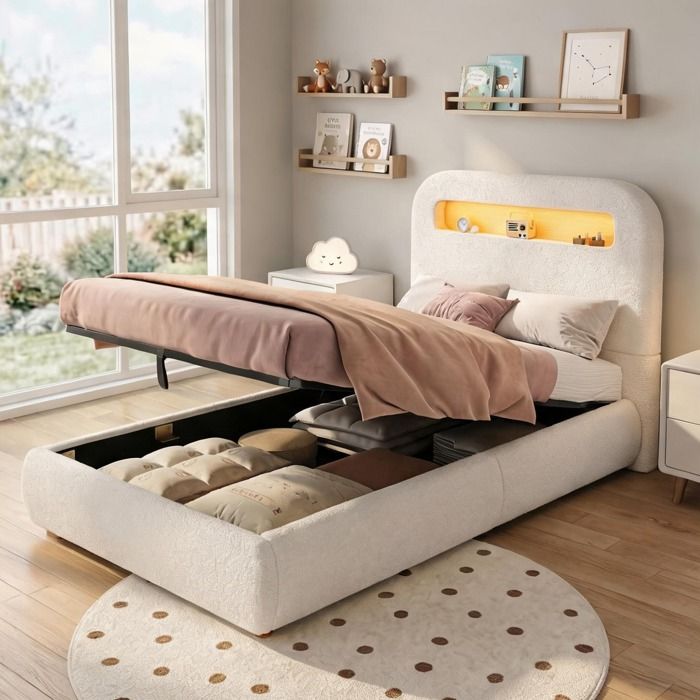 Lit enfant 90x200 cm en tissu bouclette white-toned coffre hydraulique LED et sommier