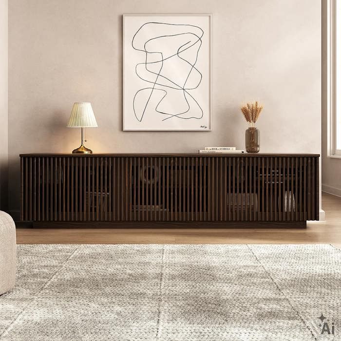 Meuble TV OLE L 175 cm avec 3 Portes en Bois Massif Coloris Noyer Pour TV jusquà 190 5 m (75) Design Moderne à Lamelles Meuble TV OLE L 175 cm avec 3 Portes en Bois Massif Coloris Noyer Pour TV jusquà 190 5 m (75) Design Moderne à Lamelles