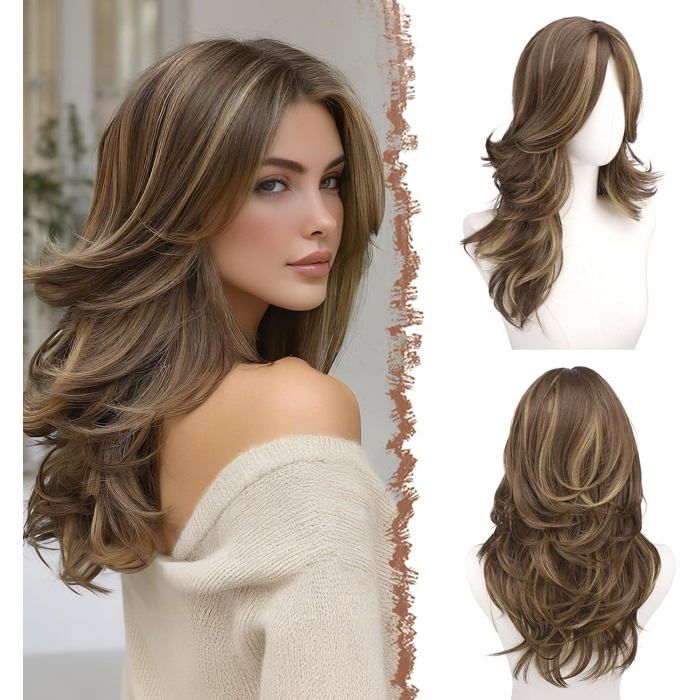 Perruque longue ondulée avec frange - Brun mixte blond - 50 cm - Raie centrale - Résistante à la chaleur