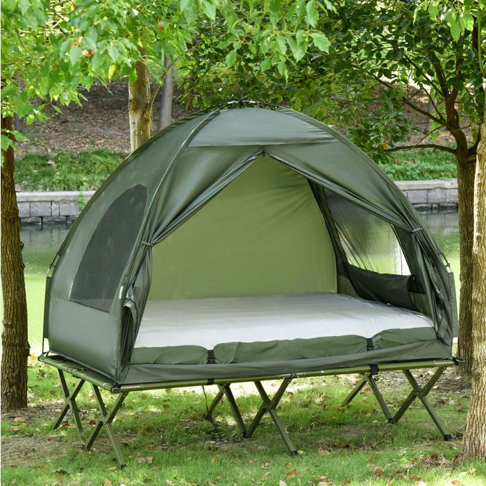 Lit de camp surélevé avec tente dôme matelas gonflable et pompe à pied 2 personnes tissu Oxford vert FOLYNA