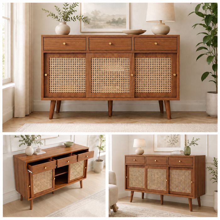 Ulsam Buffet Bas - 120 x 40 x 78 cm - Buffet en MDF et Rotin - 3 Tiroirs - 3 Portes coulissantes - Etagères Réglables - Noyer