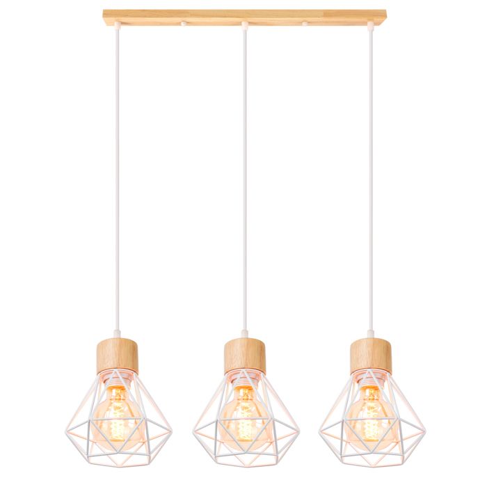 WOTTES 3 Lampes Suspension Luminaire Industrielle Lustre Plafonnier en Fer et Bois Rétro Cage Design Blanc Cuisine (Bois Barre)