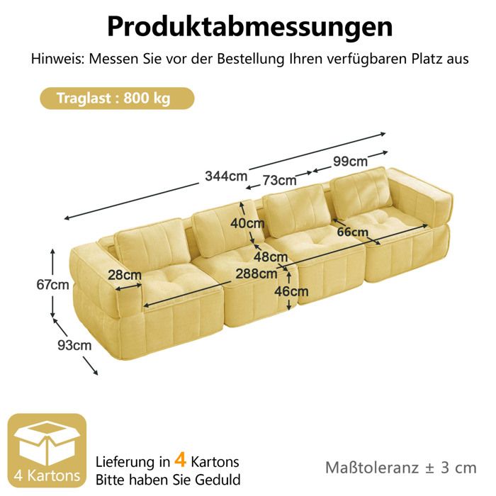 Canapé Modulaire 4 Places Jaune Canapé Droit Design FloraGrace Pour Salon Sans Montage 344x93x67cm