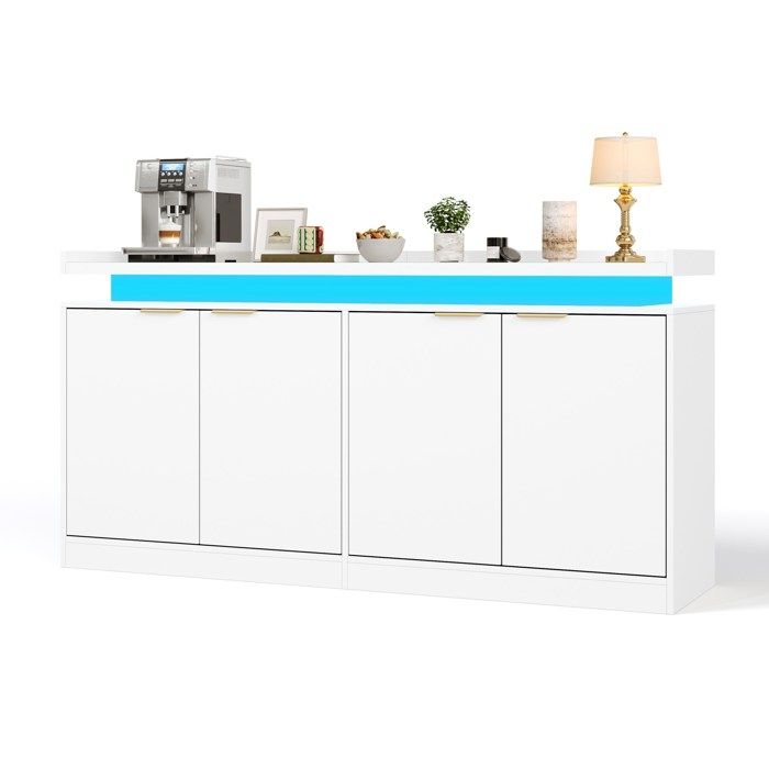 Buffet bas LED RGB 160 cm 4 portes blanc MDF avec rangement ouvert et fermé pour salle à manger JOINERY