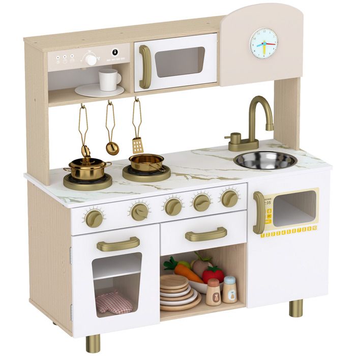 Cuisine pour enfant - AIYAPLAY - ustensiles en acier inoxydable - pour 3 à 6 ans - bois - 74 x 29 x 81 cm - blanc