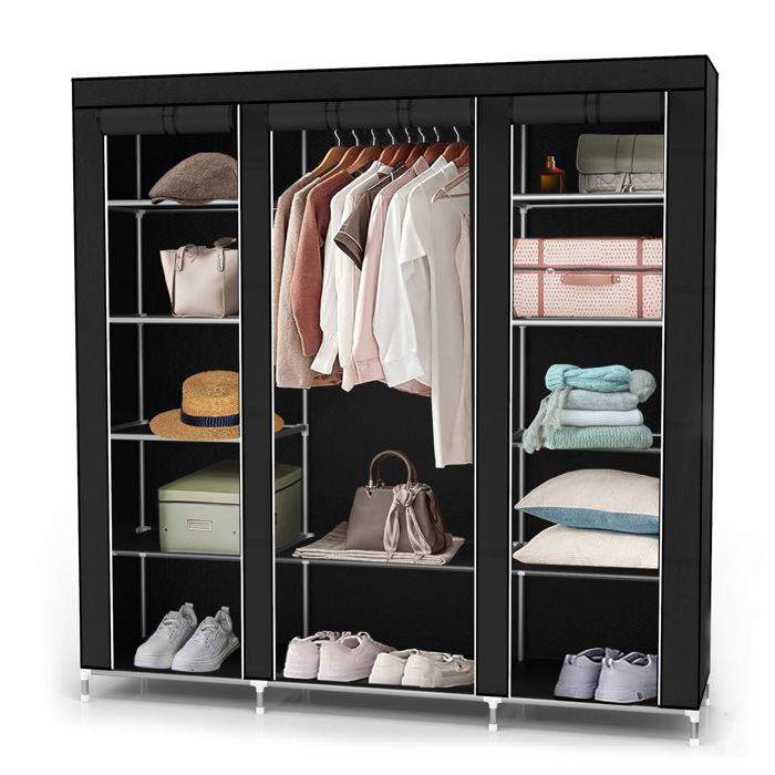 Armoire pliante en tissu 150x175x45 cm noir corbeau - penderie dressing à fermeture éclair tringle étagères et poche latérale