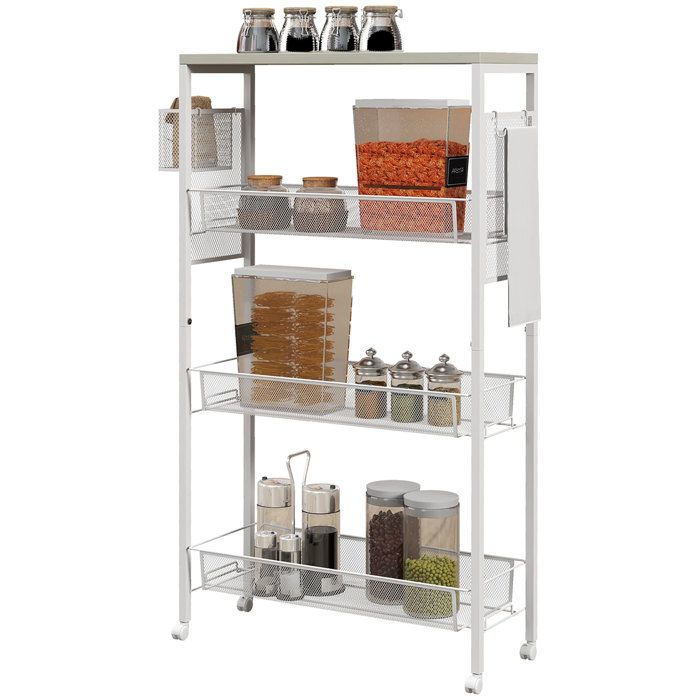 Desserte de Cuisine à Roulettes - Chariot de Rangement 3 Paniers et Panier Suspendu - 58 x 18 5 x 87 cm - Blanc