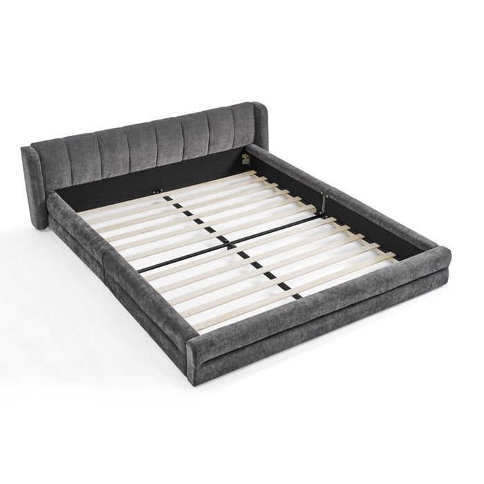 Cadre de lit double 140 x 200 cm gris foncé en chenille avec tête de lit capitonnée sans matelas