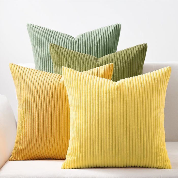 Housses de coussin velours côtelé 40 x 40 cm - Lot de 4 - Jaune et vert dégradé rayé
