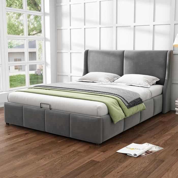 lit rembourré,  lit adulte forme d'oreille, tête de lit coussin, lit double, lit avec coffre de rangement, 140 x 200, gris