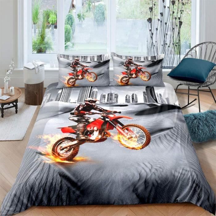 Parure De Lit 1 Personne Moto Tout-terrain RZPFQB - Housse De Couette 160x200 Cm, Taies D'oreiller 65x65 Cm, Microfibre, Design Flammes - Pour Enfant, Ado, Passionné De Moto