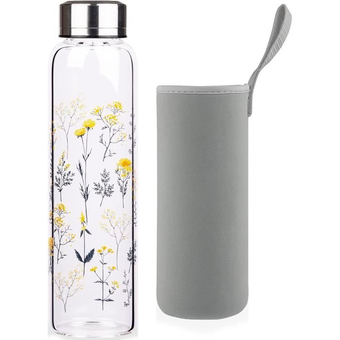 sunkey Bouteille Eau en Verre 1 Litre avec Bouchon de Bambou, Réutilisable Gourde en Verre